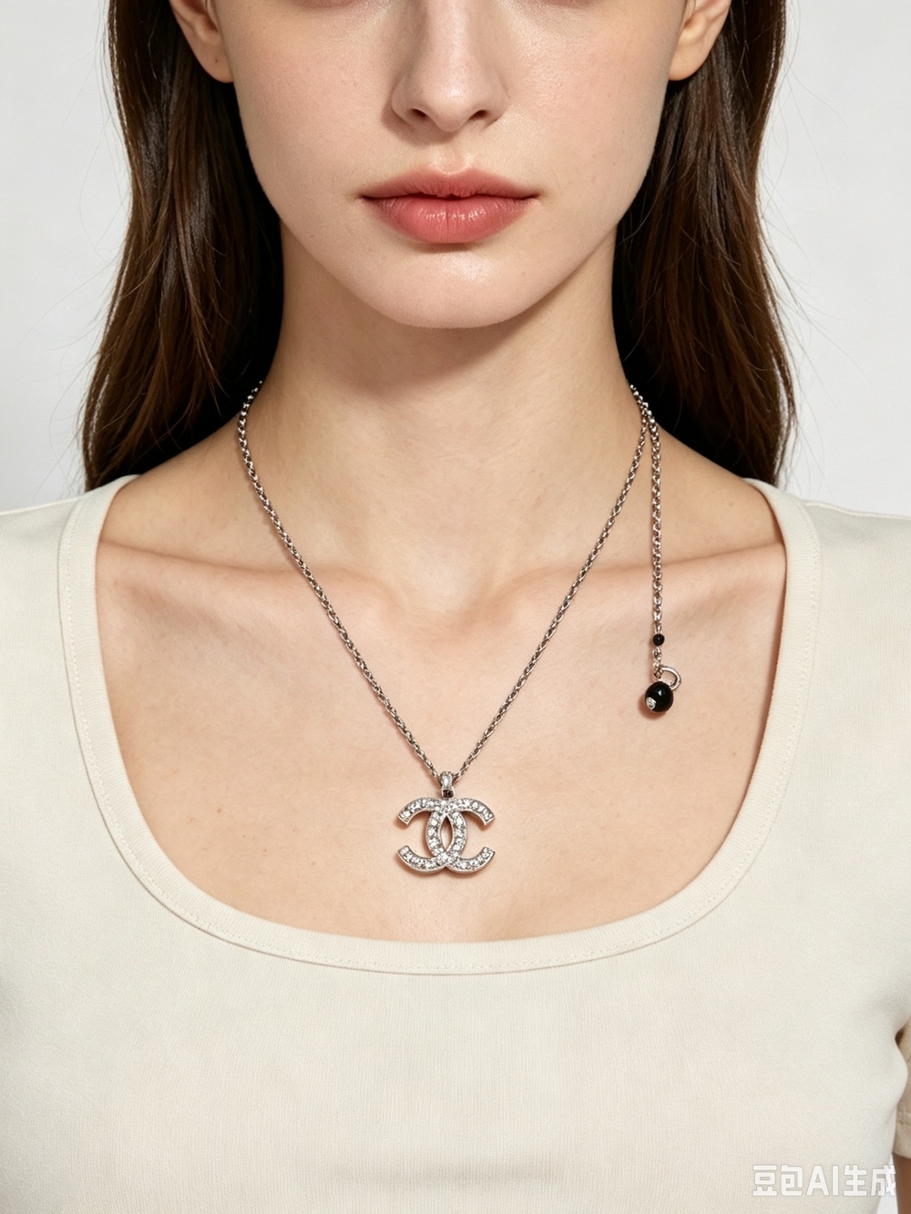 Chanel Silver CC Logo Pendant Necklace with Crystal Accents
